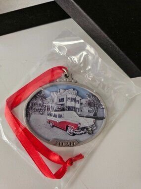 Annual Christmas Ornament, pewter design of station wagon red car, 2020